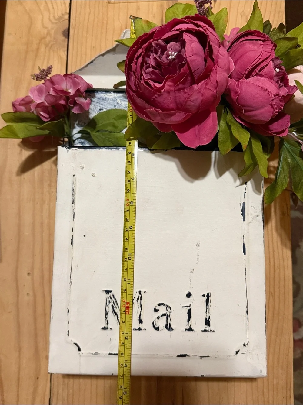 White Decorative Mail Holder with Pink Floral Accents